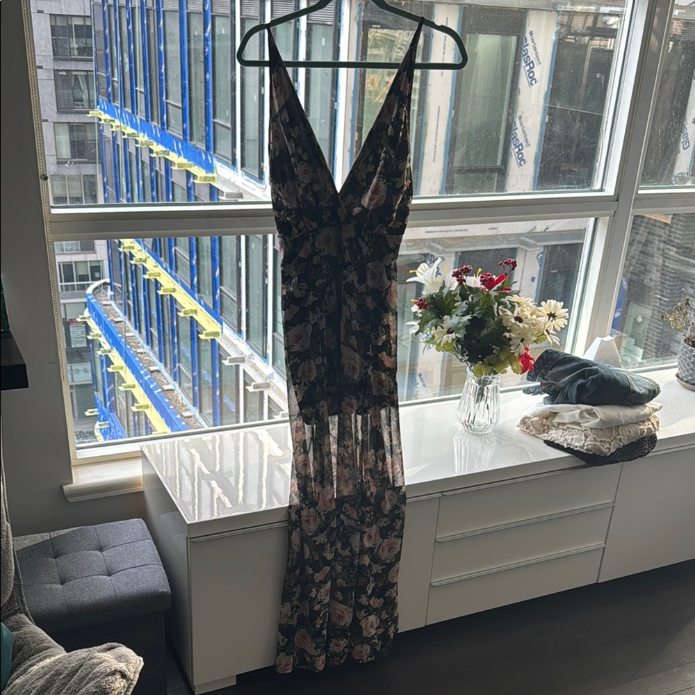 Black and Silver Plunge Neck Sleeveless Maxi Gown